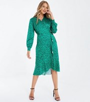 QUIZ Green Animal Print Long Sleeve Frill Midi Wrap Dress
